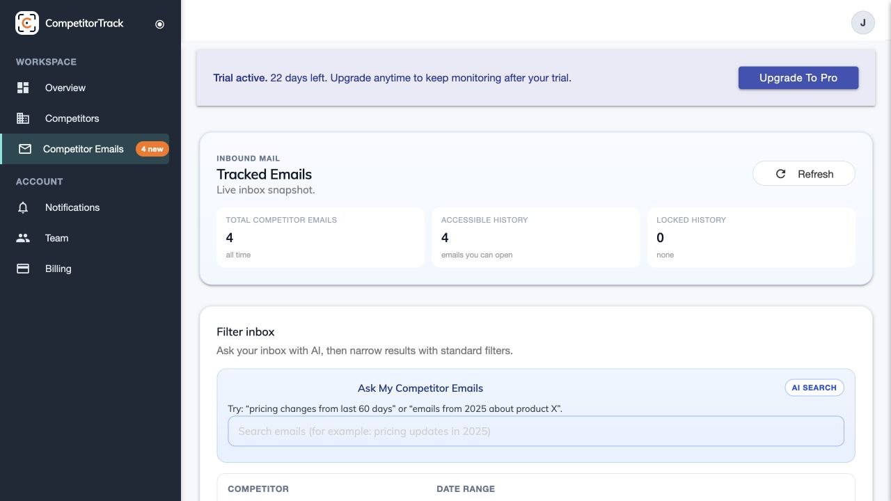 CompetitorTrack Competitor Emails inbox with campaign filters, AI search and recent messages